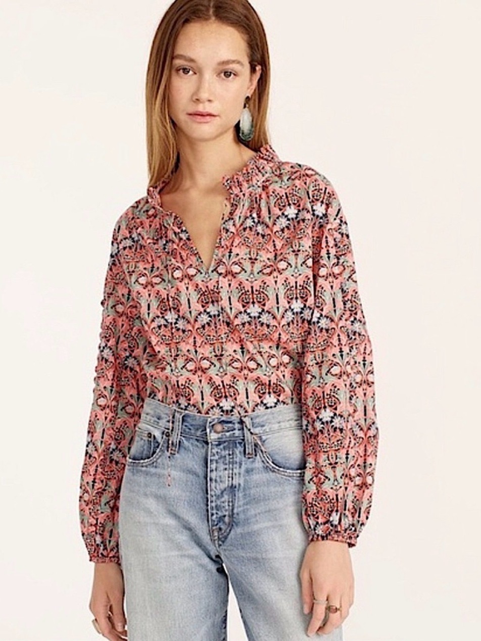 J Crew Scalloped Tie Neck Top Liberty May Nouveau Print Women's Medium